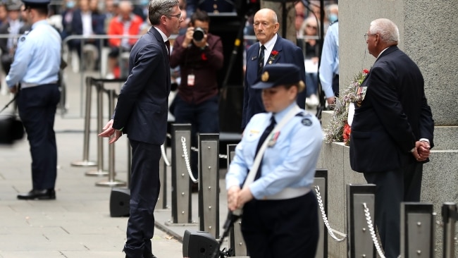 Premier of New South Wales Dominic Perrottet lays a wreath during the Remembrance Day service at the Cenotaph in Martin Place, Sydney. Picture: Brendon Thorne - Pool/Getty Images