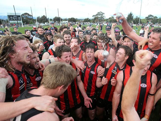 Gippsland Football League Grand Final match between Maffra Eagles and Leongatha Parrots. Maffra became the 2016 premiers, defeating Leongatha 13.10 (88) to 9. 16 (67)., Maffra celebrates after the game. Picture: Yuri Kouzmin