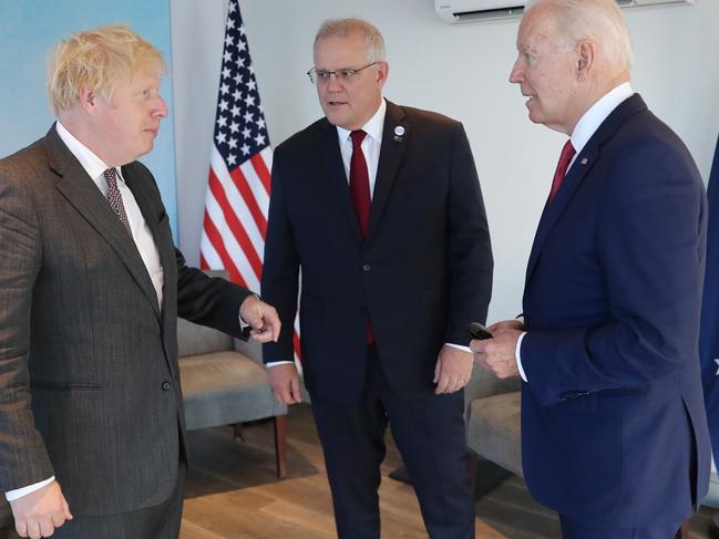 Australian Prime Minister Scott Morrison had a trilateral meeting with American President Joe Biden and England’s Prime Minister Boris Johnson during the G7 Leaders meeting in Cornwall, United Kingdom on Saturday, June 12, 2021. Picture: Adam Taylor/PMO