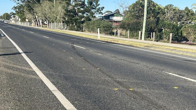 Skid marks at the scene of the Maryborough crash where three people died. Picture: Carlie Walker