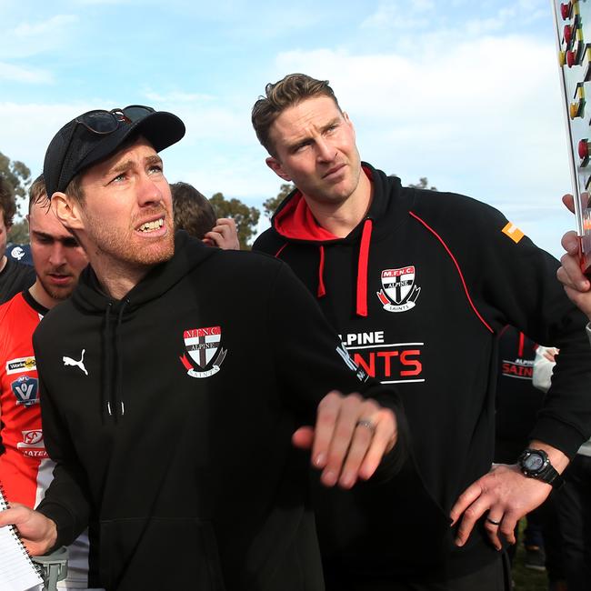 Jake Sharp, left, coached Myrtleford between 2019 and 2022. Picture: Yuri Kouzmin