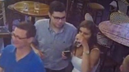 Screen grabs from Seven's Spotlight program of CCT footage showing Brittany Higgins and Bruce Lehrmann together at a bar, The Dock. Bruce Lehrmann breaks his silence in first TV interview. Picture: 7 Spotlight