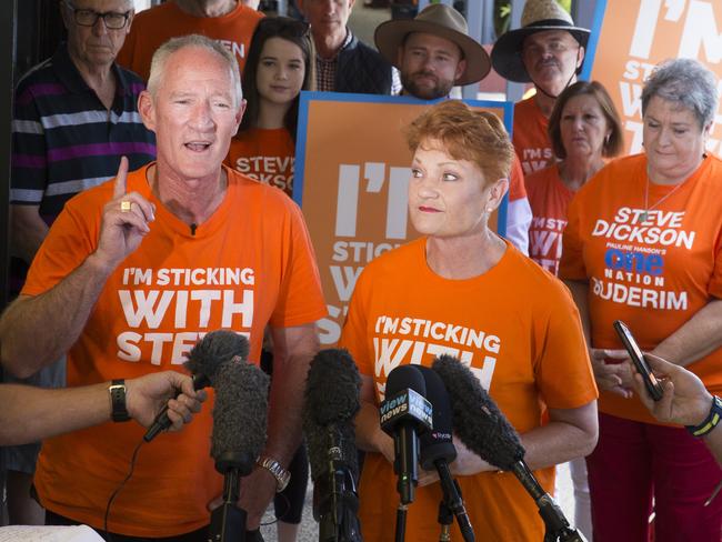 One Nation Leaders Steve Dickson and Pauline Hanson at a Party supporter rally at a shopping complex in Sippy Downs. Photo Lachie Millard