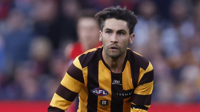 MELBOURNE, AUSTRALIA - MAY 13: Chad Wingard of the Hawks runs with the ball during the round nine AFL match between Hawthorn Hawks and Melbourne Demons at Melbourne Cricket Ground, on May 13, 2023, in Melbourne, Australia. (Photo by Darrian Traynor/AFL Photos/via Getty Images )