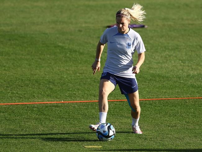 French star Eugenie Le Sommer trains in preparation for her side’s meeting with the Matildas. Picture: Chris Hyde/Getty Images