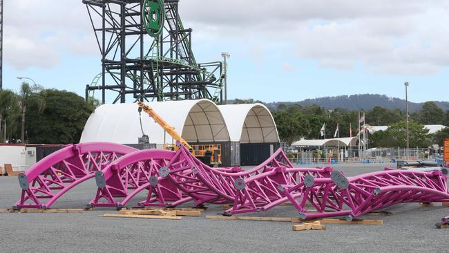 The new roller coaster under construction at Movie World. Picture by Richard Gosling