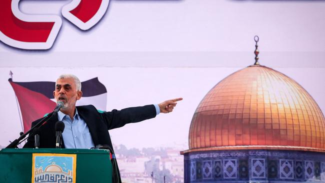 Yahya Sinwar addresses supporters during a rally marking Al-Quds in 2023.