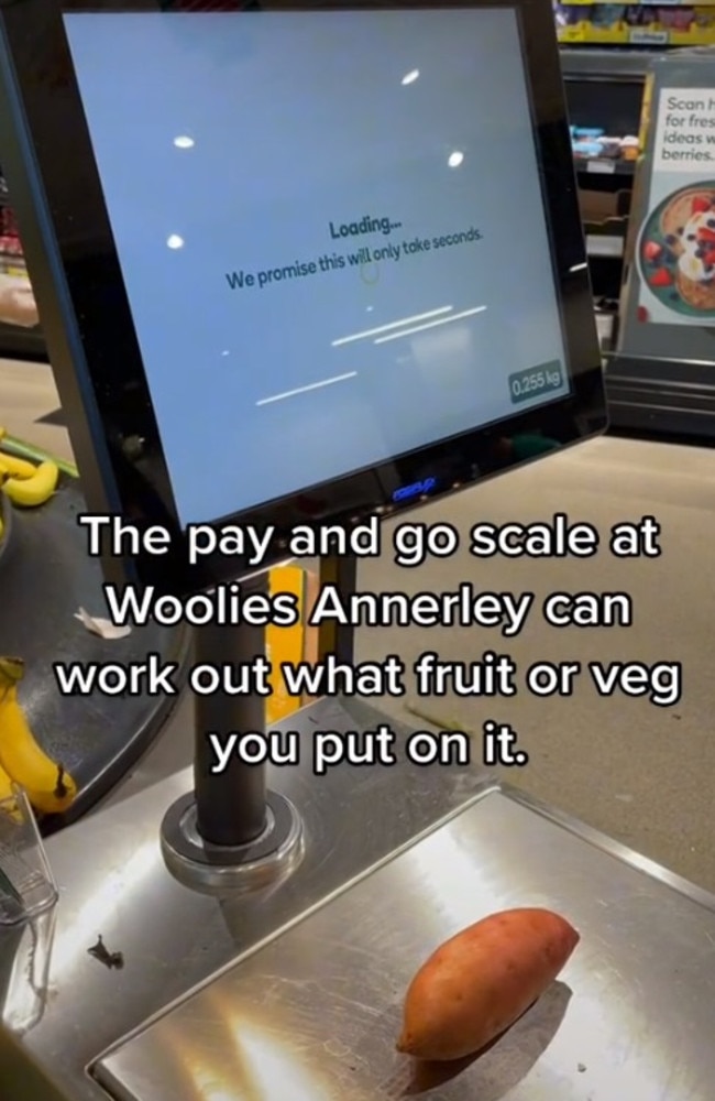 A TikTok user has clocked more than 60,000 views over the new Scan &amp; Go scales at Woolworths Annerly, in Brisbane. Picture: TikTok/ scotty_mcdonald