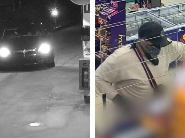 A car caught on CCTV at the service station and the man police are seeking. Pictures: Qld Police Service