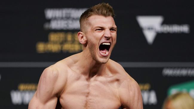 Dan Hooker of New Zealand reacts after weighing in during the UFC 243 Weigh In Day at Marvel Stadium in Melbourne, Saturday, October 5, 2019. (AAP Image/Michael Dodge) NO ARCHIVING