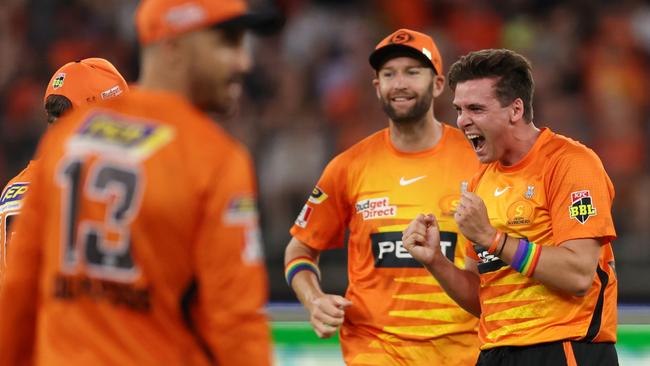 Jhye Richardson of the Scorchers celebrates after taking a wicket against the Thunder. Picture: Will Russell/Getty Images