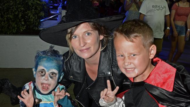Tyson Cranson, Casey Dasilveira and Izaiiah Cranson at Spooky Nights at Sea World, Main Beach. Picture: Regina King