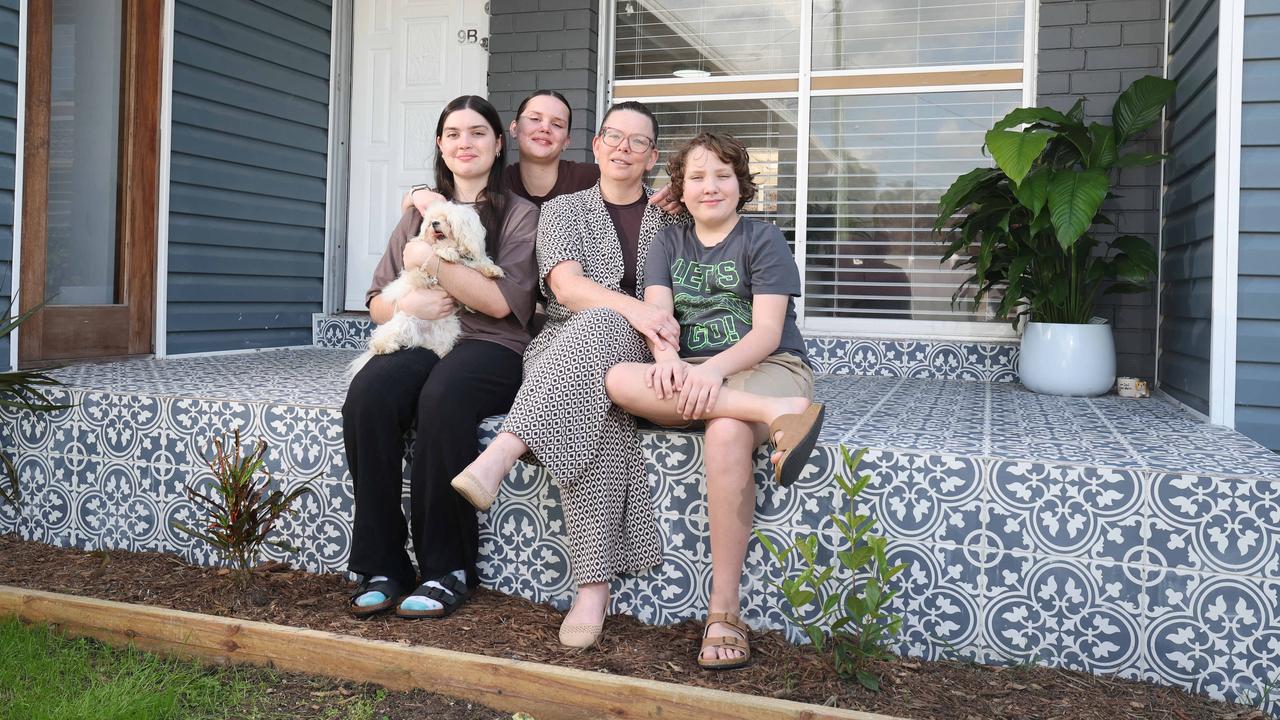 Margo Priestly at their Tweed Heads home with children, Amelia, 16, Annabelle, 18, and Paxton, 11. Picture: Glenn Hampson