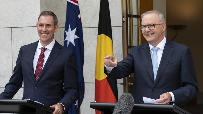 All smiles.... Prime Minister Anthony Albanese and Treasurer Jim Chalmers in Canberra on Tuesday. Picture: NCA NewsWire / Martin Ollman