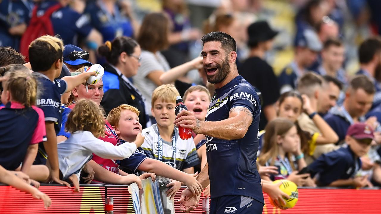 Sidelined with injury, Cowboys veteran James Tamou is pushing for a farewell game before he retires from the NRL. Picture: Getty Images.