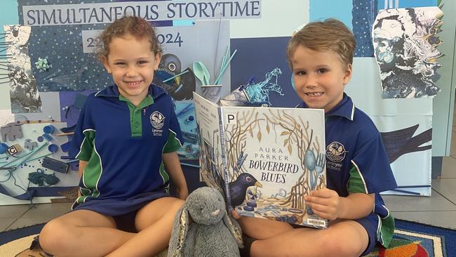 Leanyer School students Olivia McCue and Harrison Pigrim are reading Bowerbird Blues by Aura Parker as part of the National Simultaneous Storytime and Chief Minister's Reading Challenge in 2024.