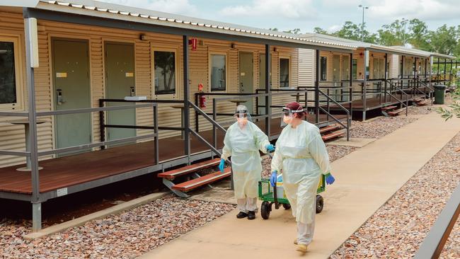 A swabbing team conducting Covid Tests at the NCCTRC/AUSMAT sections of the Howard Springs Corona virus quarantine Facility on the outskirts of Darwin in The Northern Territory. Picture GLENN CAMPBELL