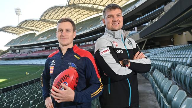 Jordan Dawson and Ollie Wines face the media ahead of Showdown 54. Picture: Keryn Stevens