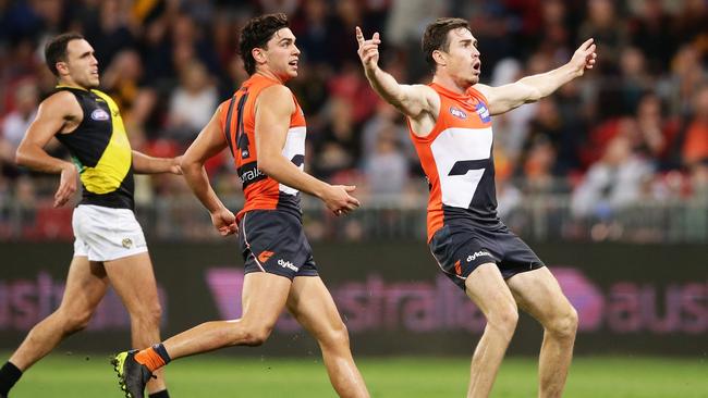 Jeremy Cameron kicks a goal in front of a decent crowd at Spotless Stadium. Picture: Getty Images