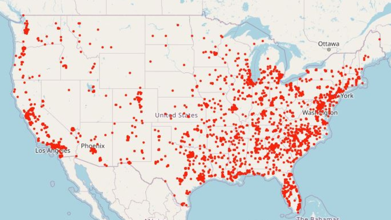 This map shows the where shooting deaths have taken place in the USA since the start of the year. Picture: Gun Violence Archive