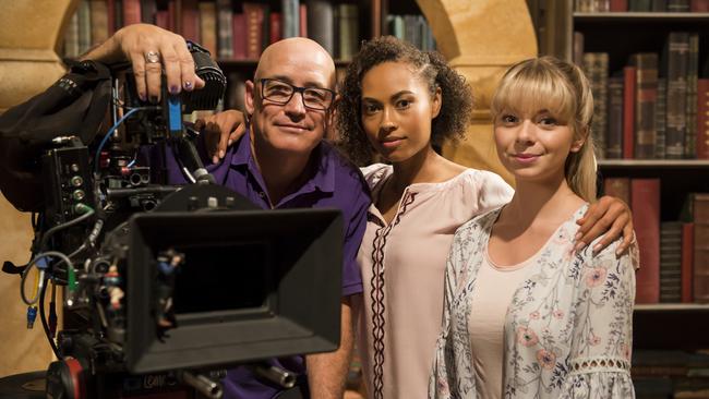 Andrew Conder, Rainbow Wedell and Mia Milnes on set of season one of The Bureau of Magical Things. Photo: Supplied