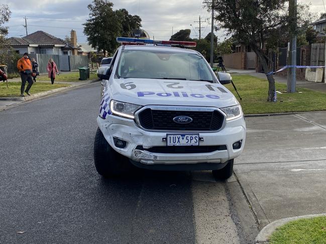 The damaged police car. Picture: Owen Leonard