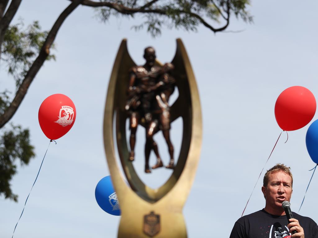 Roosters coach Trent Robinson during the Sydney Roosters fan day outside the Hordern Pavilion, Sydney after the Roosters 2019 NRL Premiership win. Picture: Brett Costello