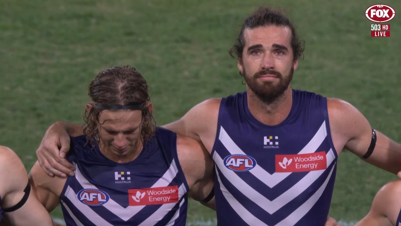 Nat Fyfe and Alex Pearce were visibly emotional. Photo: Fox Footy.