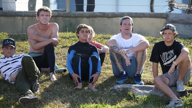 Koby Abberton (second from the right) in the crowd at the 2015 The Bra Boys v Bondi Boardriders surf competition at Maroubra Beach in Sydney. Picture: Craig Wilson