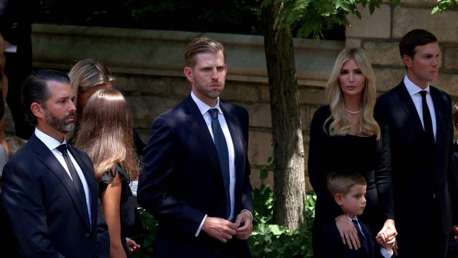 Donald Trump Jr, Eric Trump, Ivanka Trump and Jared Kushner arrive for the funeral services of Ivana Trump in New York. Picture: AFP