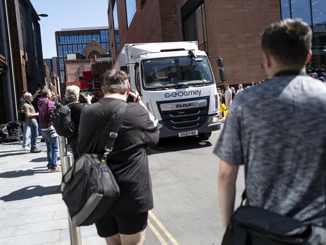 A van suspected to be carrying American musician Chris Brown leaves Manchester Magistrates Court following a hearing where he was remanded in custody. Picture: Getty Images