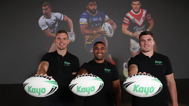 Manly's Tom Trbojevic, Parramatta's Michael Jennings Roosters and Angus Crichton during the Kayo NRL finals launch in Rosebery. Picture: Brett Costello