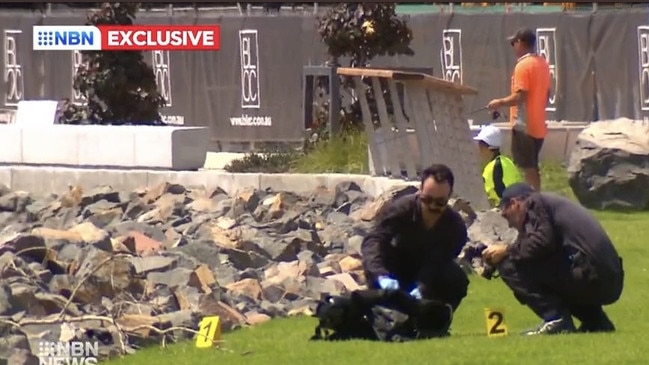 Federal police investigating cocaine haul inspect what appears to be diving equipment discovered on the shore of Newcastle Harbour near Honeysuckle Drive on January 25, 2023. Picture: NBN News