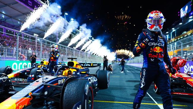 Max Verstappen celebrates after winning the Saudi Arabian Grand Prix.