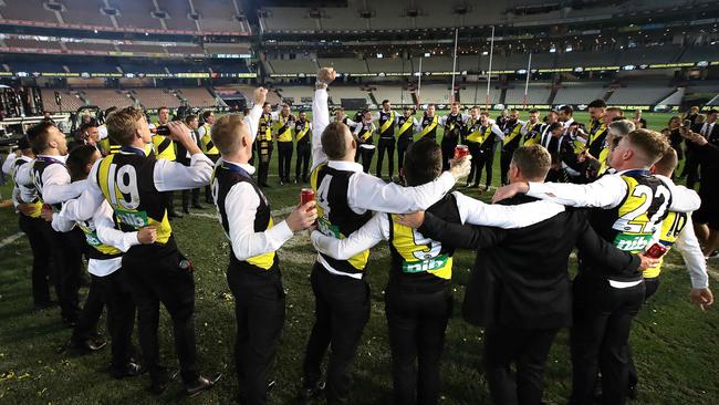 Richmond players celebrate their 2019 premiership. Picture: Phil Hillyard