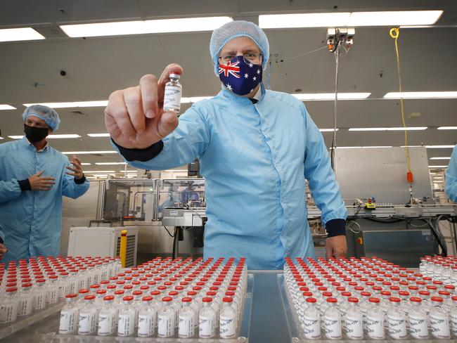 MELBOURNE, AUSTRALIA - FEBRUARY 12: Prime Minister Scott Morrison visits the CSL vaccine manufacturing facility on February 12, 2021 in Melbourne, Australia. Pharmaceutical company CSL is manufacturing Australia's Oxford-AstraZeneca COVID-19 vaccines.  (Photo by David Caird-Pool/Getty Images)