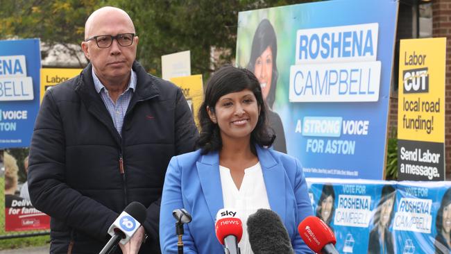 Opposition leader Peter Dutton with Liberal candidate Roshena Campbell. Picture: David Crosling