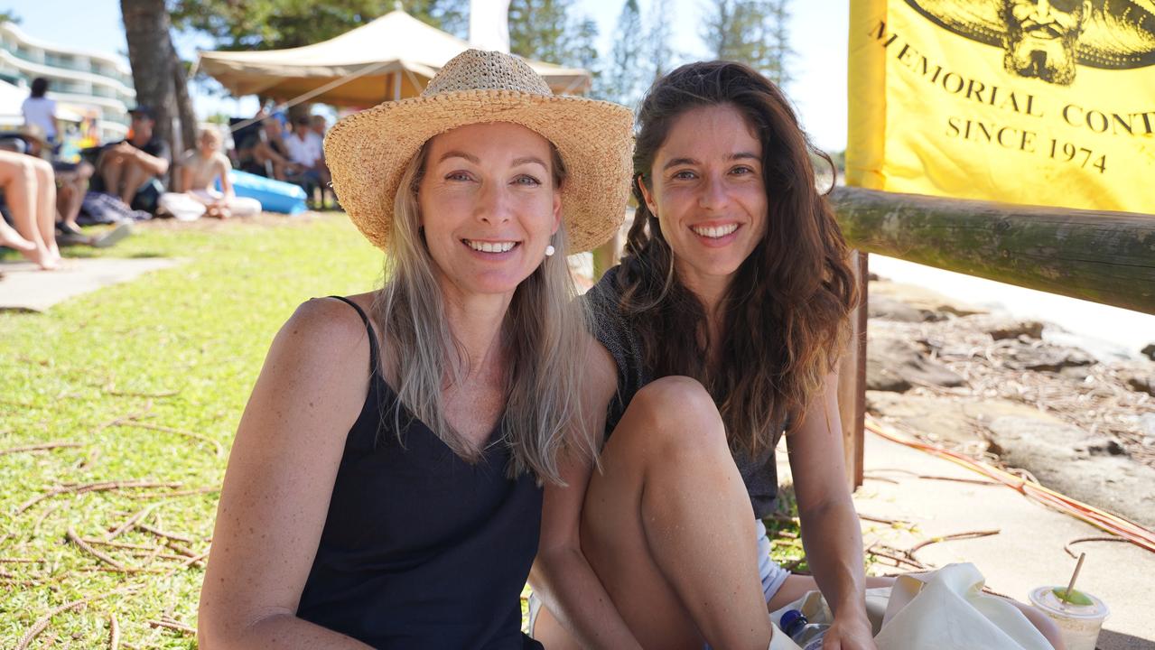 Tracy Keeve and Sandra Mougenot at the 49th Annual Pa &amp; Ma Bendall Memorial Surfing Contest held at Moffat Beach in Caloundra on April 8, 2023. Picture: Katrina Lezaic