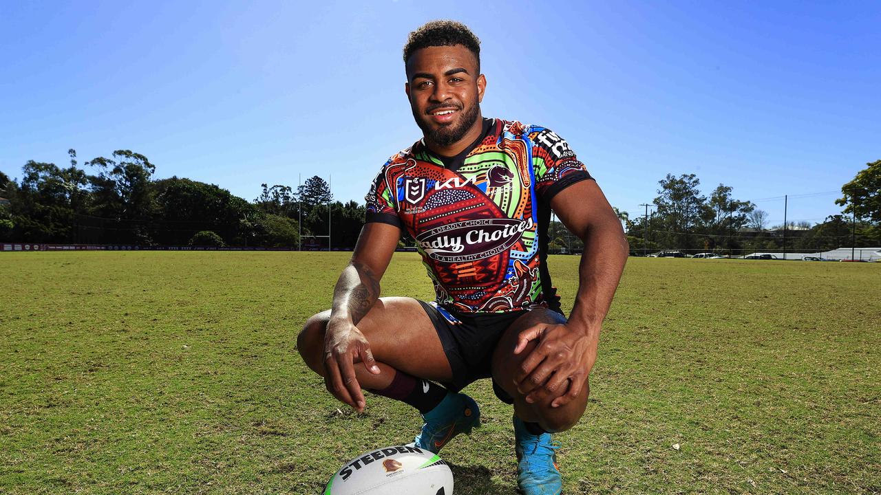 Brisbane Broncos five-eighth Ezra Mam in the Broncos Indigenous jersey. Picture: Adam Head