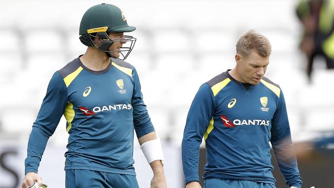 Australian captain Tim Paine, left, and David Warner at a nets session in Leeds. Picture: Getty Images