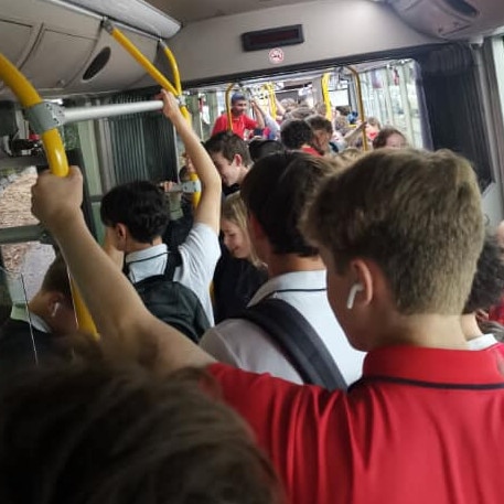 Taroona High School students pictured on an overcrowded bus on Friday afternoon.