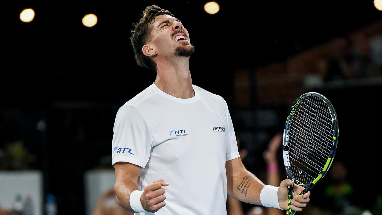 Kokkinakis celebrates his epic victory over Tomas Martin Etcheverry. Picture: Mark Brake/Getty Images