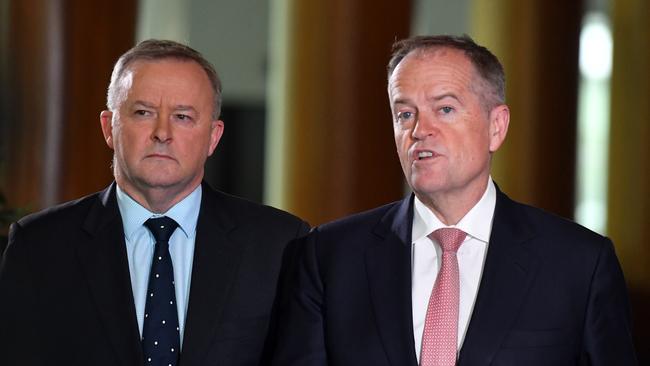 Opposition leader Anthony Albanes with Bill Shorten at Parliament House in Canberra. Picture: AAP