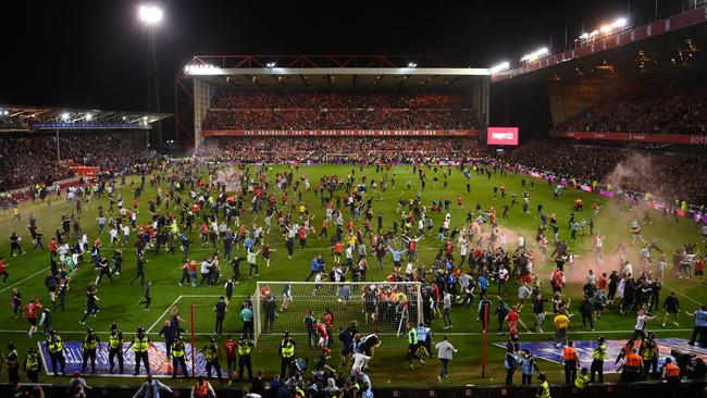 Notts Forest fans invade the pitch after winning the Sky Bet Championship Play-Off Semi Final. Photo by Michael Regan/Getty Images.