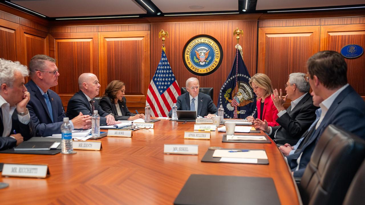 Biden and Vice President Kamala Harris being briefed by national security advisers and members of law enforcement agencies. Picture: Adam Schultz / The White House / AFP