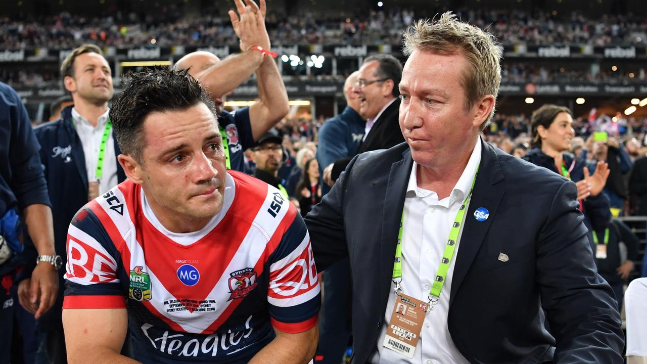 Roosters coach Trent Robinson with Cooper Cronk after 2018 NRL grand final. Credit: NRL Photos