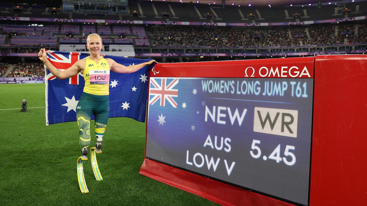 Australia’s Vanessa Low set a new T61 world record at the women's long jump-T63 final, where she was the only T61 athlete in the eight-person field. Picture: Ezra Shaw/Getty Images