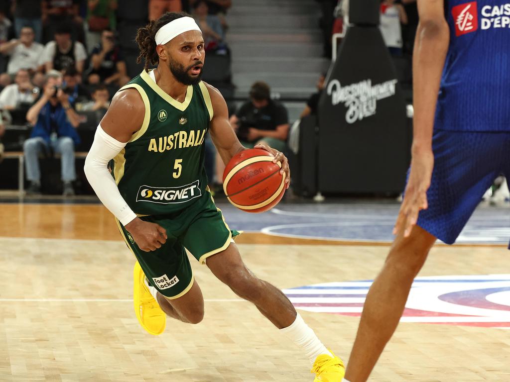 Patty Mills in action during the Paris Olympic 2024 practice match in Orleans, France. Pics Adam Head