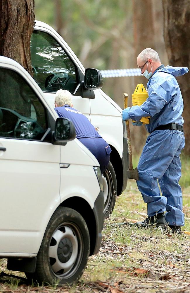 Police near where a woman’s body has been found at Mt Macedon. Picture: Mark Stewart