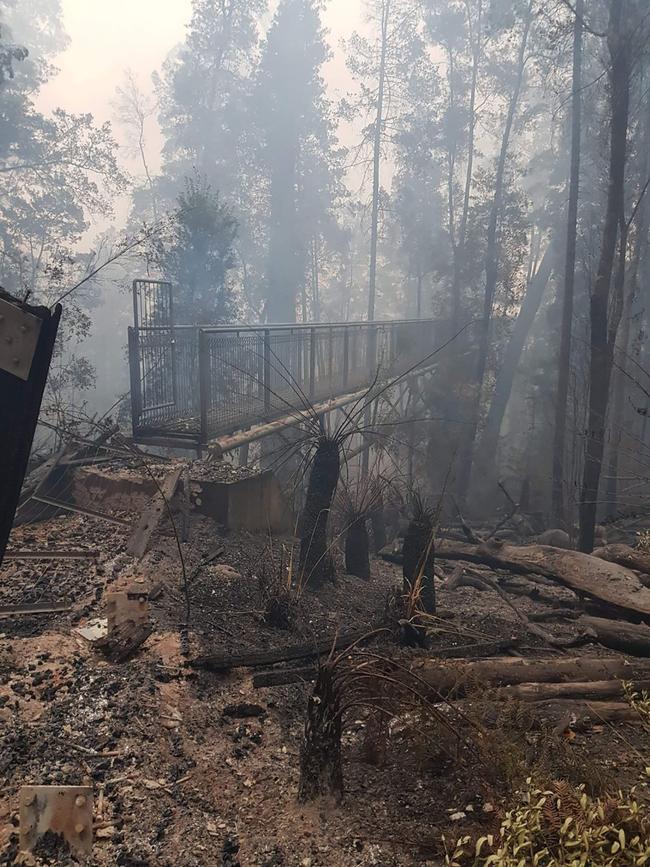 The bushfire-ravaged Tasmanian tourist attraction, the Tahune Airwalk. Picture: AAP/Tasmania Fire Service.